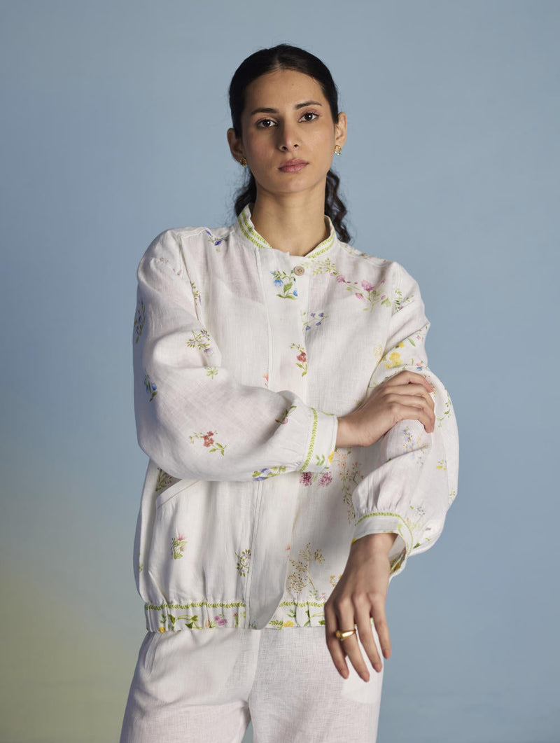 Kayu Floral Printed Bomber Jacket - White linen by Manan in white color for women Worldwide