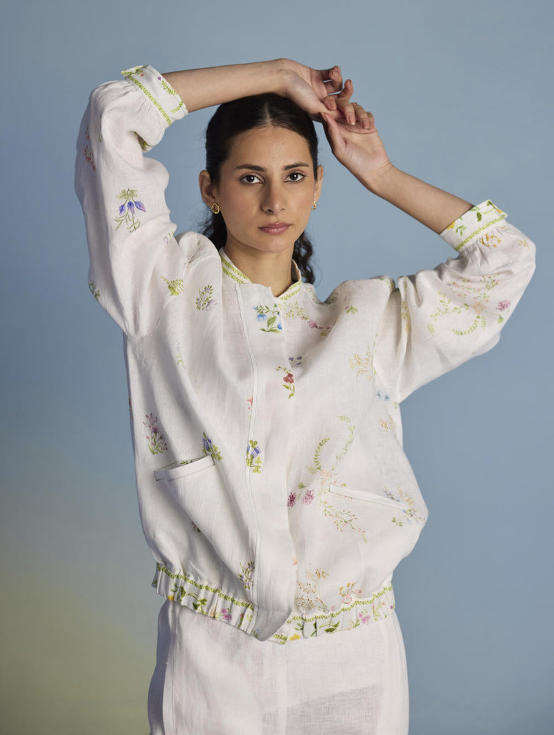 Kayu Floral Printed Bomber Jacket - White linen by Manan in white color for women Worldwide