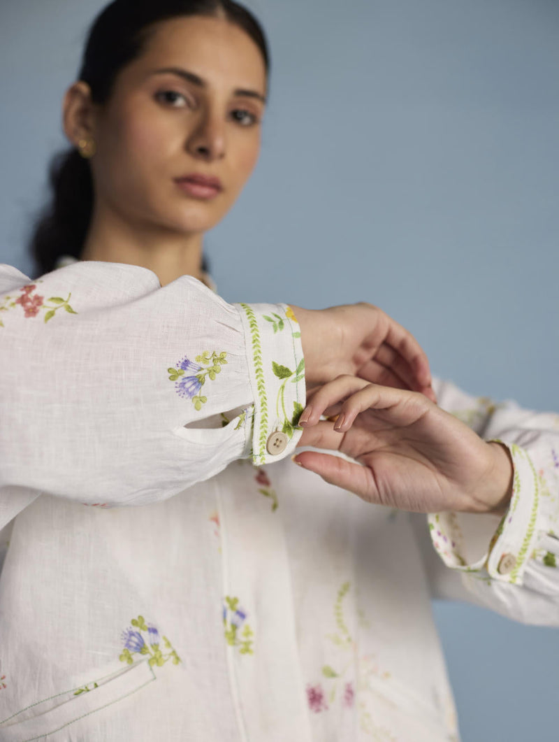 Kayu Floral Printed Bomber Jacket - White linen by Manan in white color for women Worldwide