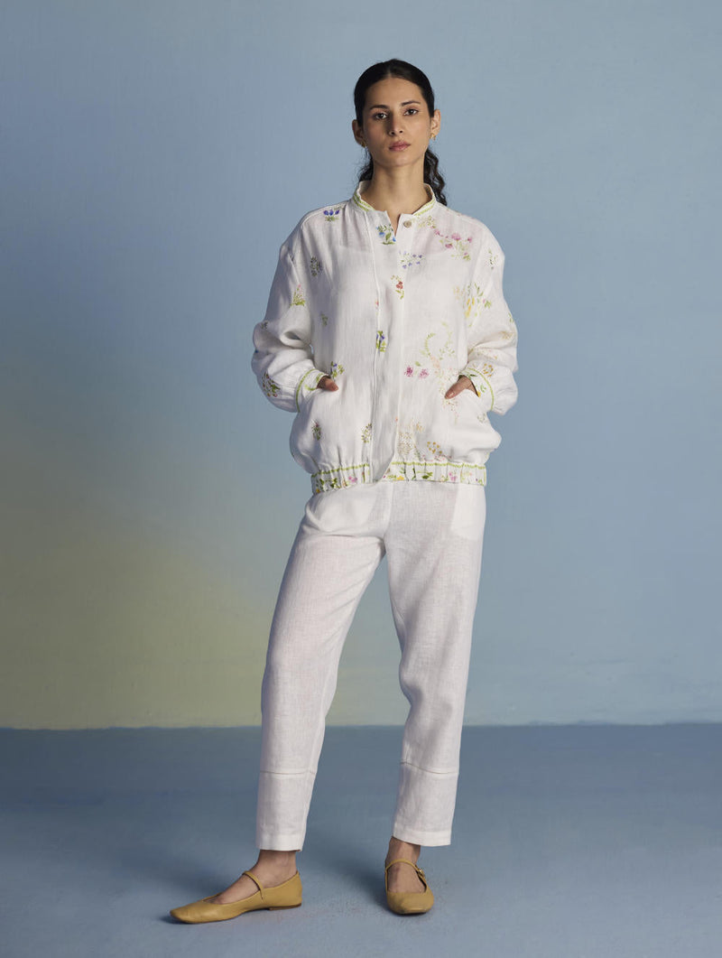 Kayu Floral Printed Bomber Jacket - White linen by Manan in white color for women Worldwide