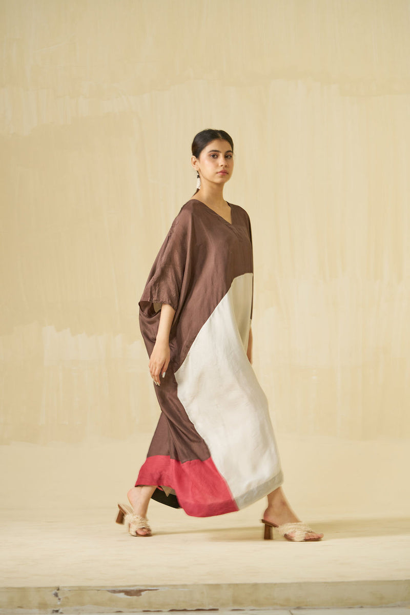 Kitten Dress-Cocoa + Silver + Hibiscus red upada silk dress by Stoique in cocoa, silver, hibiscus red for women Worldwide