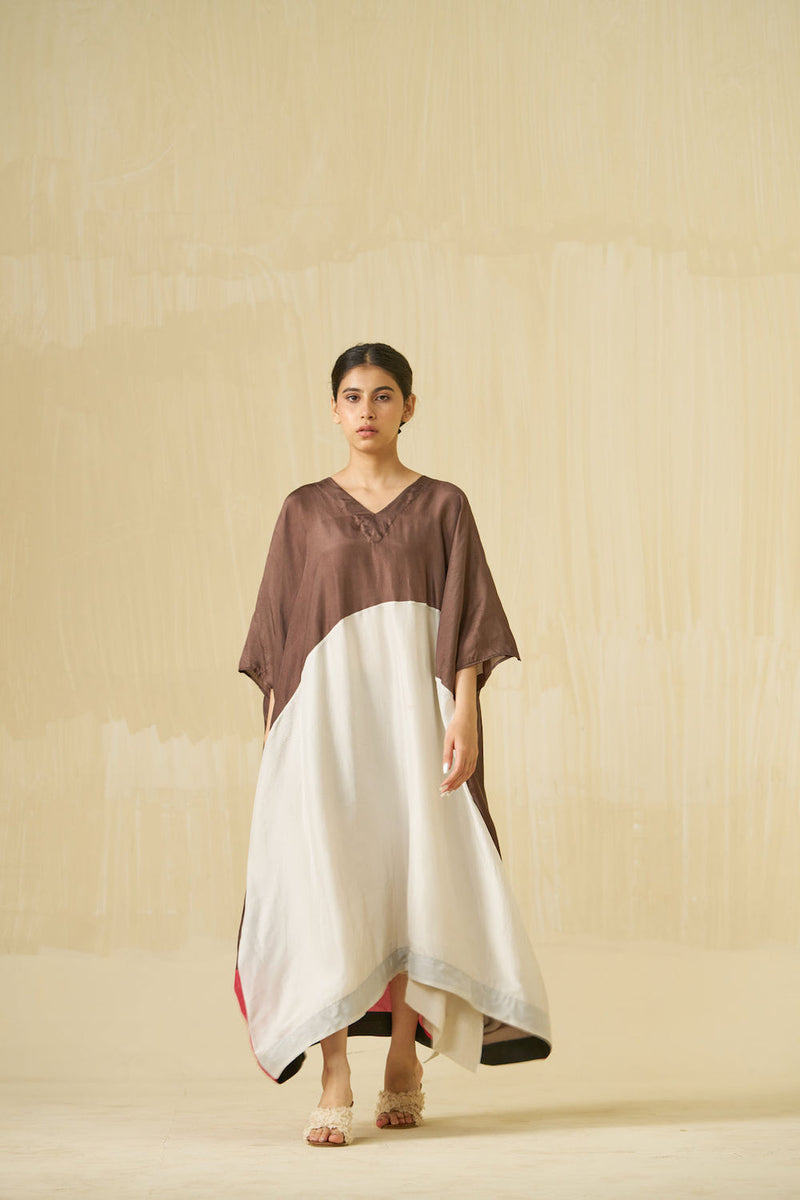 Kitten Dress-Cocoa + Silver + Hibiscus red upada silk dress by Stoique in cocoa, silver, hibiscus red for women Worldwide