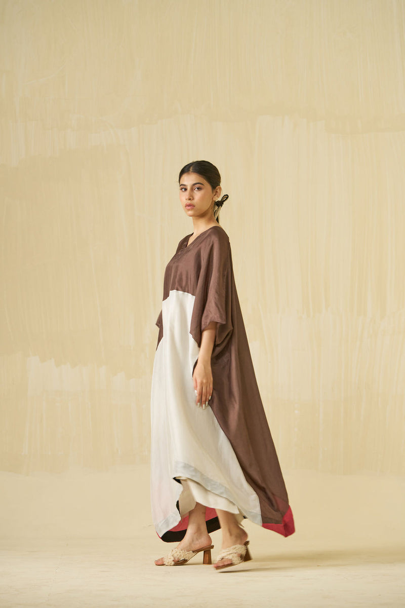 Kitten Dress-Cocoa + Silver + Hibiscus red upada silk dress by Stoique in cocoa, silver, hibiscus red for women Worldwide