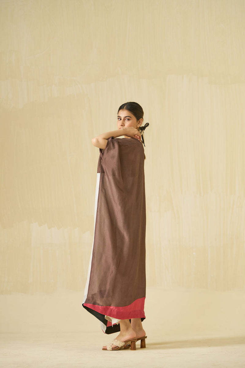 Kitten Dress-Cocoa + Silver + Hibiscus red upada silk dress by Stoique in cocoa, silver, hibiscus red for women Worldwide