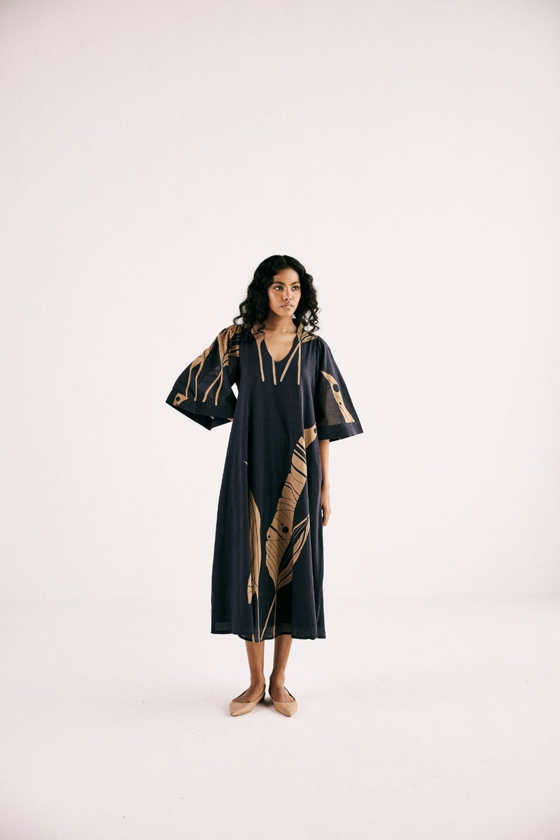 PARADISE POP DRESS cotton by Khara Kapas in charcoal for women Worldwide