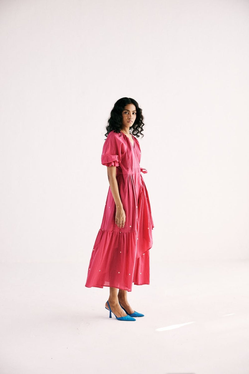 PINK POLKA WRAP DRESS cotton by Khara Kapas in pink for women Worldwide