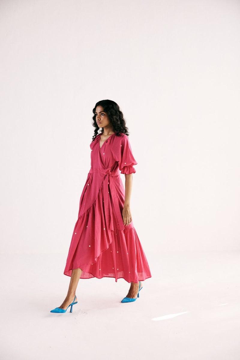 PINK POLKA WRAP DRESS cotton by Khara Kapas in pink for women Worldwide