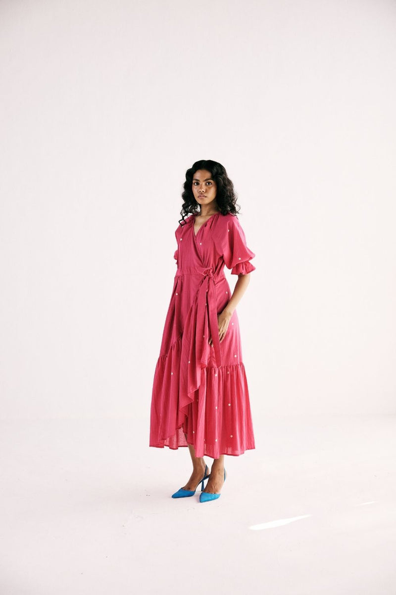PINK POLKA WRAP DRESS cotton by Khara Kapas in pink for women Worldwide
