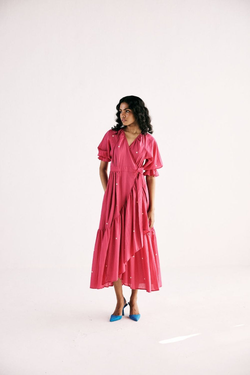 PINK POLKA WRAP DRESS cotton by Khara Kapas in pink for women Worldwide