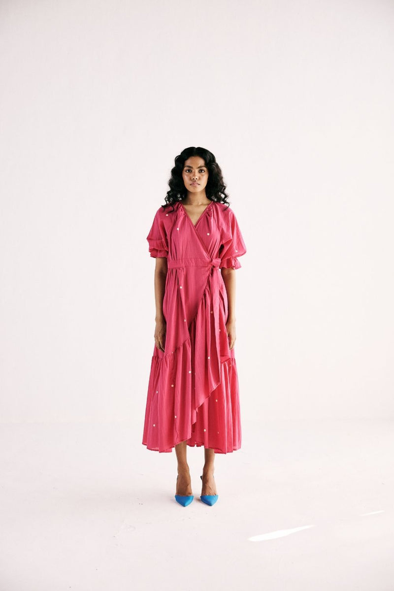 PINK POLKA WRAP DRESS cotton by Khara Kapas in pink for women Worldwide