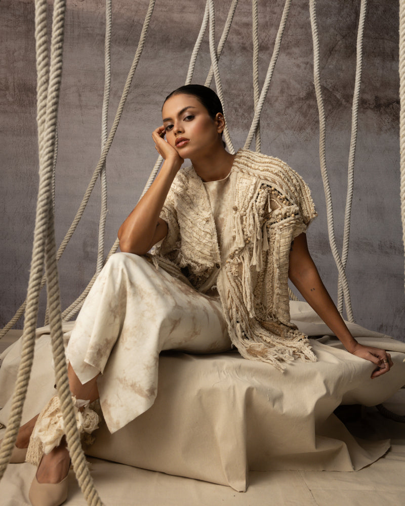 Ivory Crushed Lace Embroidered Top crushed cotton jacket/overlay by Kritika Murarka in ivory for women Worldwide