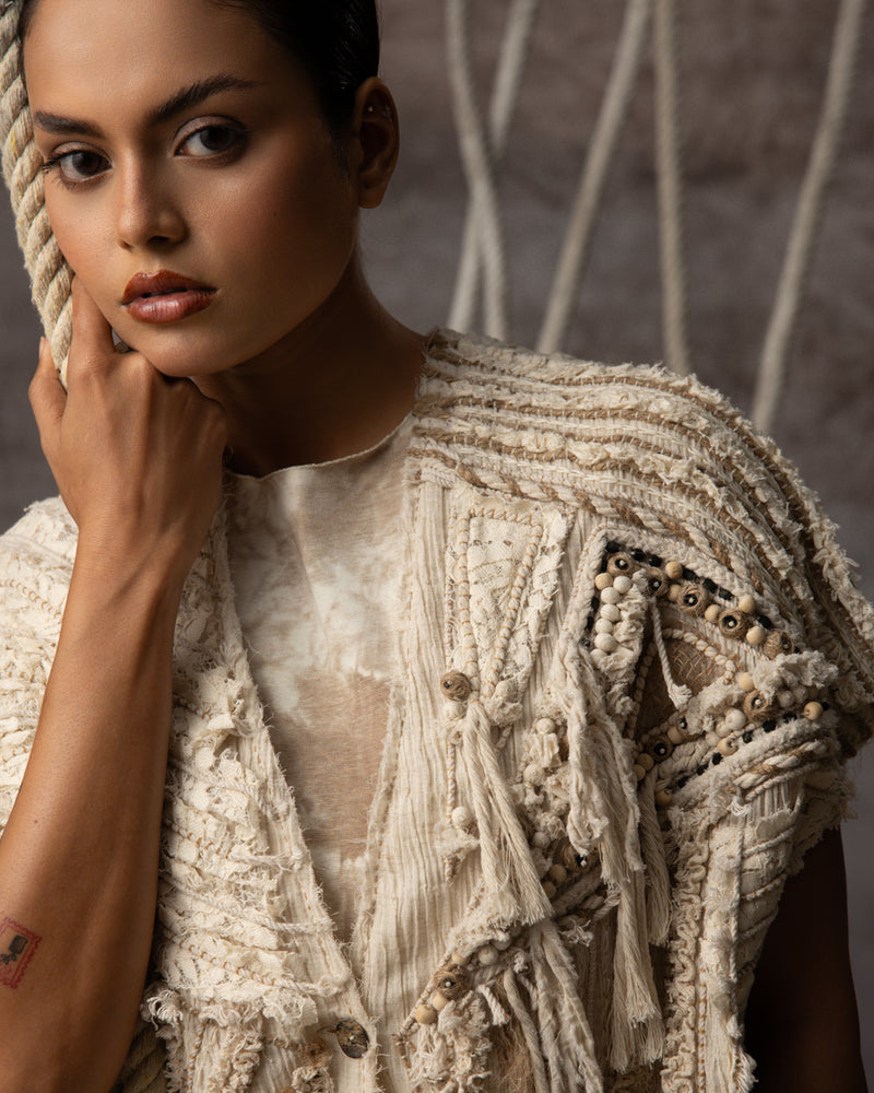 Ivory Crushed Lace Embroidered Top crushed cotton jacket/overlay by Kritika Murarka in ivory for women Worldwide
