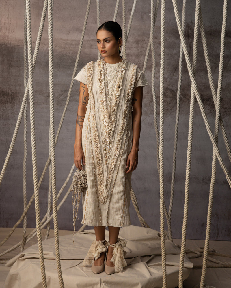 Ivory Lace Embroidered Midi crushed cotton dress by Kritika Murarka in ivory for women Worldwide