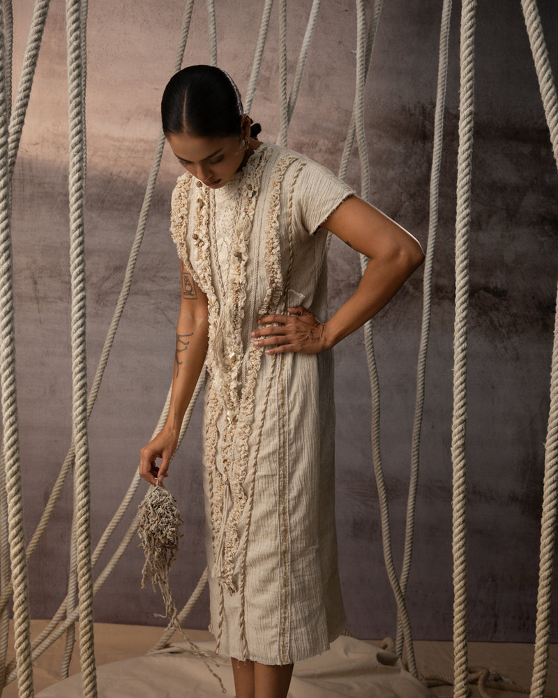 Ivory Lace Embroidered Midi crushed cotton dress by Kritika Murarka in ivory for women Worldwide