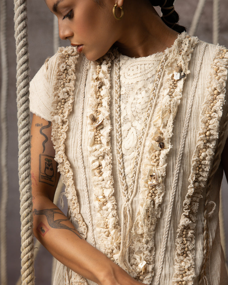 Ivory Lace Embroidered Midi crushed cotton dress by Kritika Murarka in ivory for women Worldwide