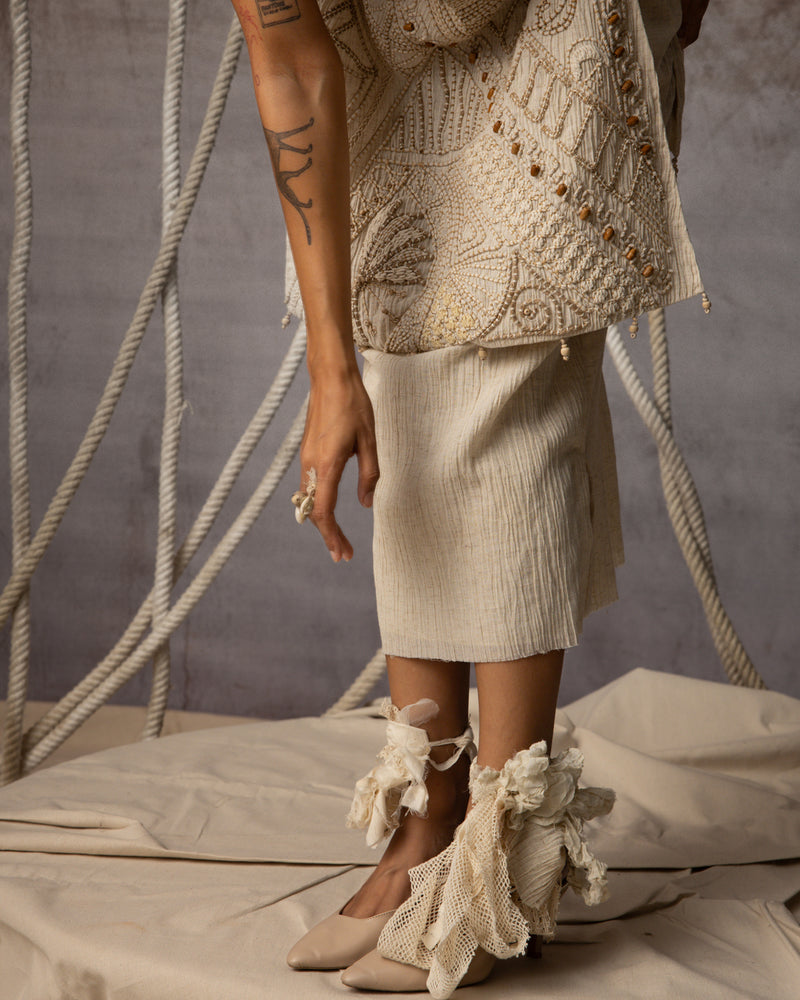 Ivory Cord Embroidered Side-Tie Bib crushed cotton jacket/overlay by Kritika Murarka in ivory for women Worldwide