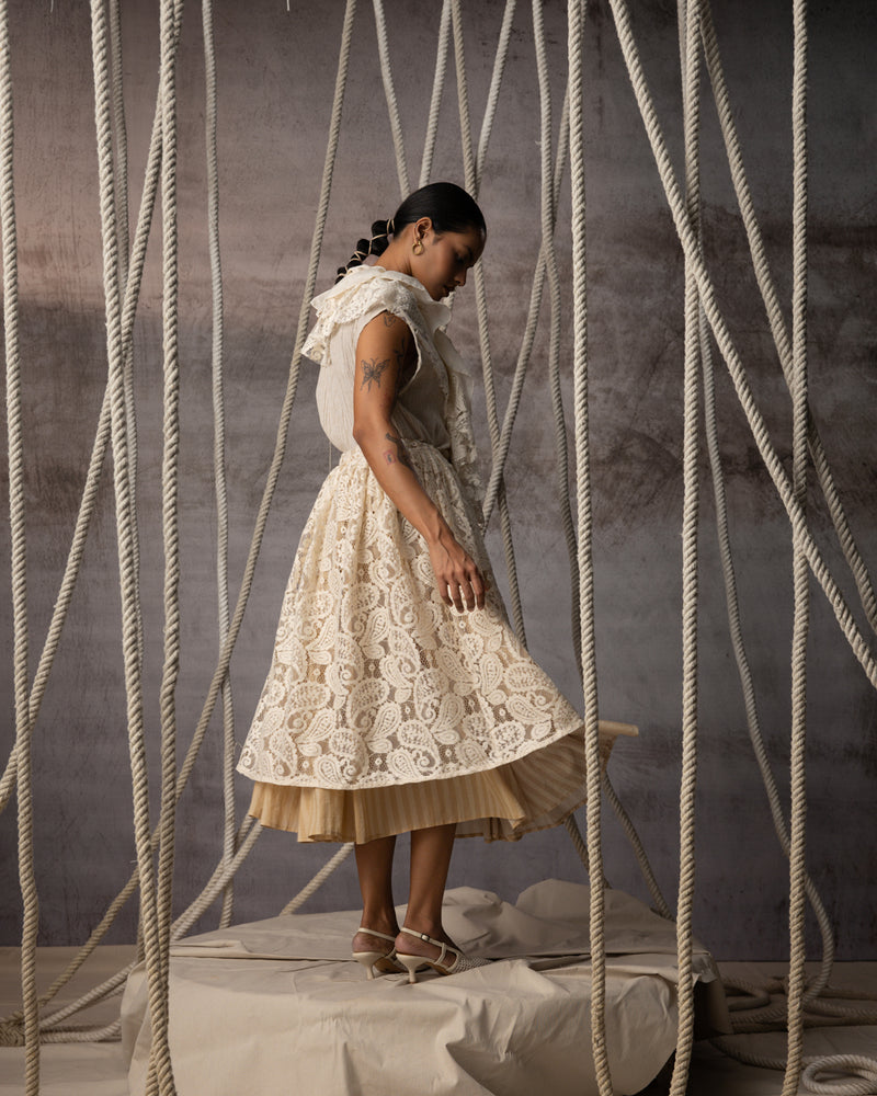 Ivory Lace Overlay Stripe Skirt indian cotton lace skirt by Kritika Murarka in ivory for women Worldwide