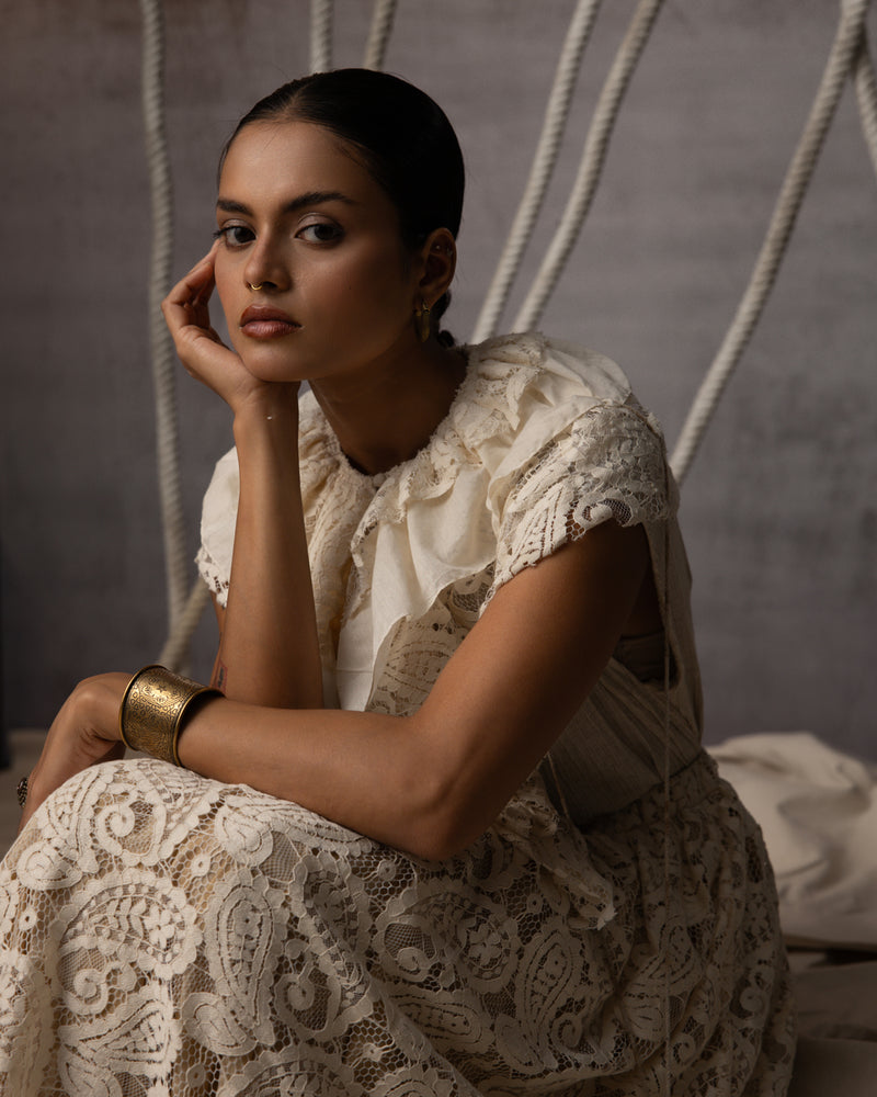 Ivory Lace Overlay Stripe Skirt indian cotton lace skirt by Kritika Murarka in ivory for women Worldwide