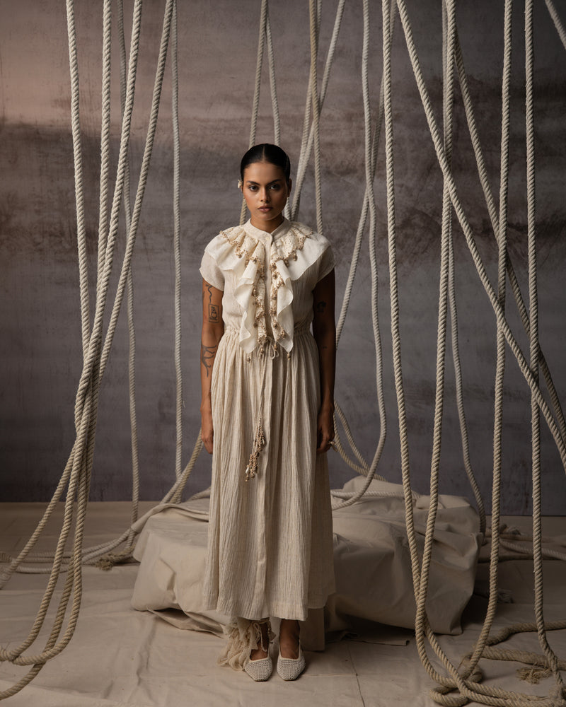 Ivory Flounce Crushed Drawstring Dress crushed cotton dress by Kritika Murarka in ivory for women Worldwide