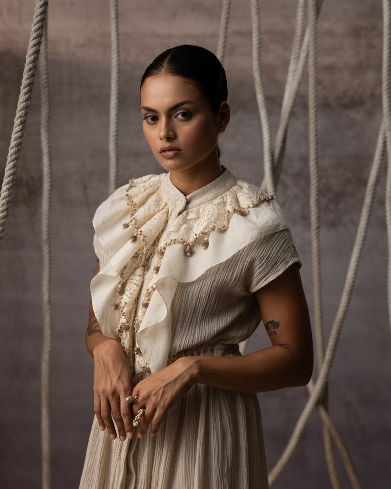 Ivory Flounce Crushed Drawstring Dress crushed cotton dress by Kritika Murarka in ivory for women Worldwide