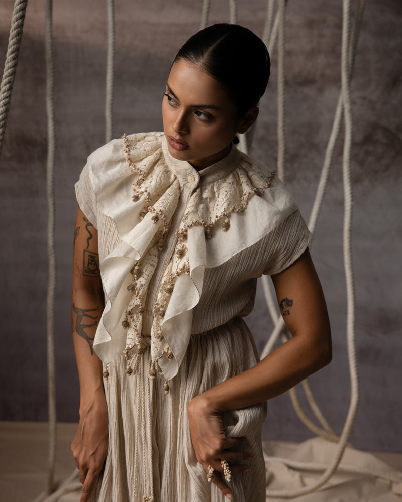 Ivory Flounce Crushed Drawstring Dress crushed cotton dress by Kritika Murarka in ivory for women Worldwide