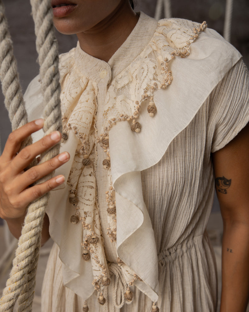 Ivory Flounce Crushed Drawstring Dress crushed cotton dress by Kritika Murarka in ivory for women Worldwide