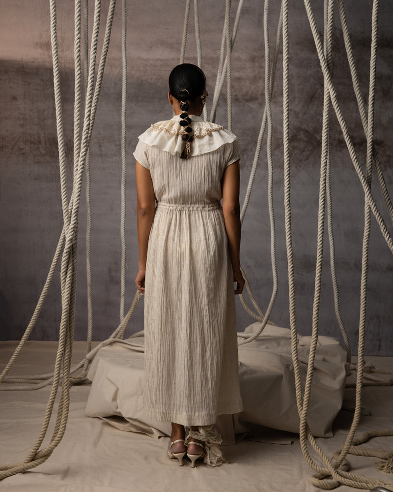 Ivory Flounce Crushed Drawstring Dress crushed cotton dress by Kritika Murarka in ivory for women Worldwide