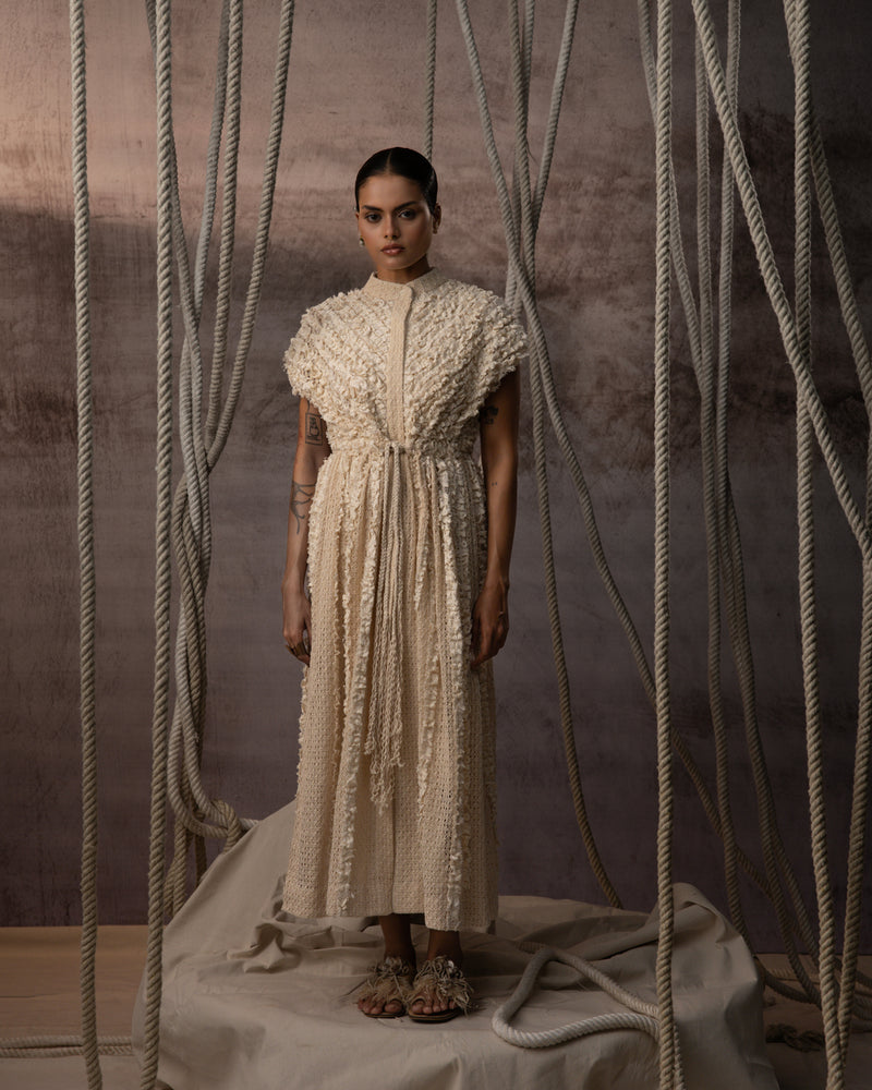 Ivory Lace Ruched Cotton Net Drawstring Dress signature cotton net dress by Kritika Murarka in ivory for women Worldwide