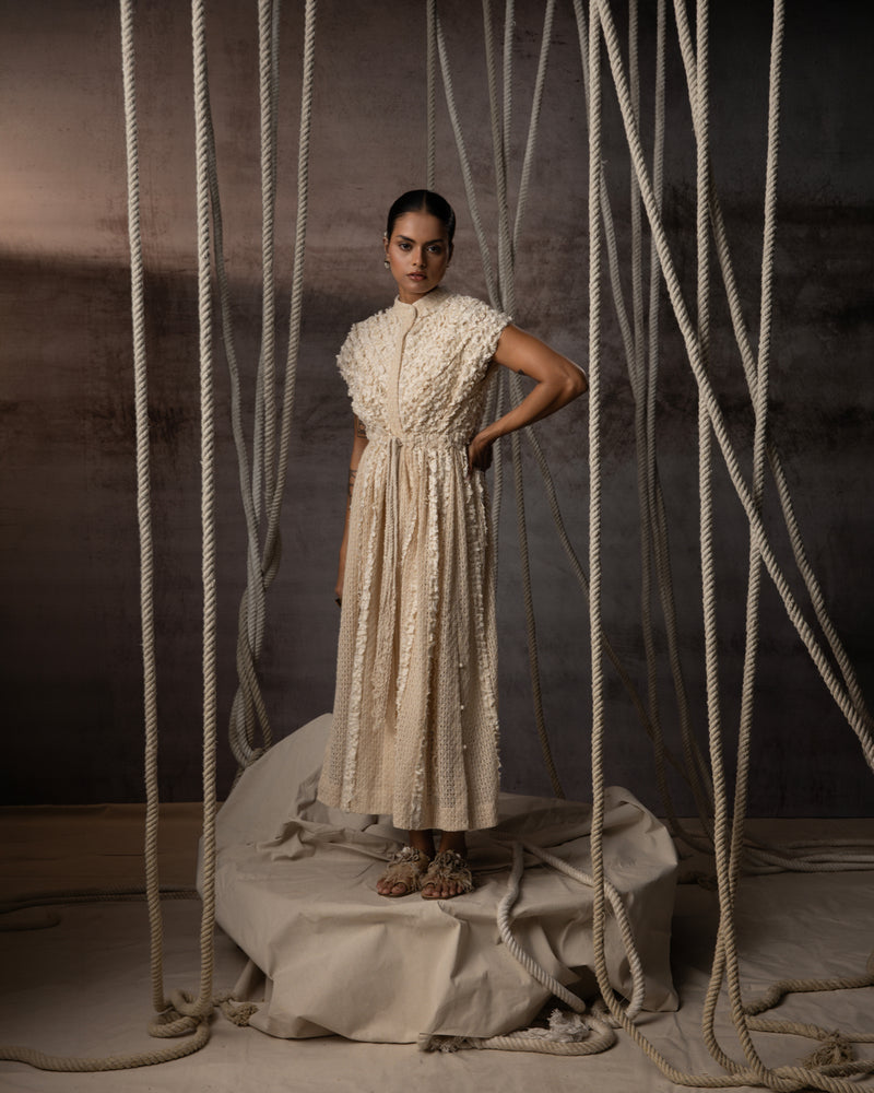 Ivory Lace Ruched Cotton Net Drawstring Dress signature cotton net dress by Kritika Murarka in ivory for women Worldwide