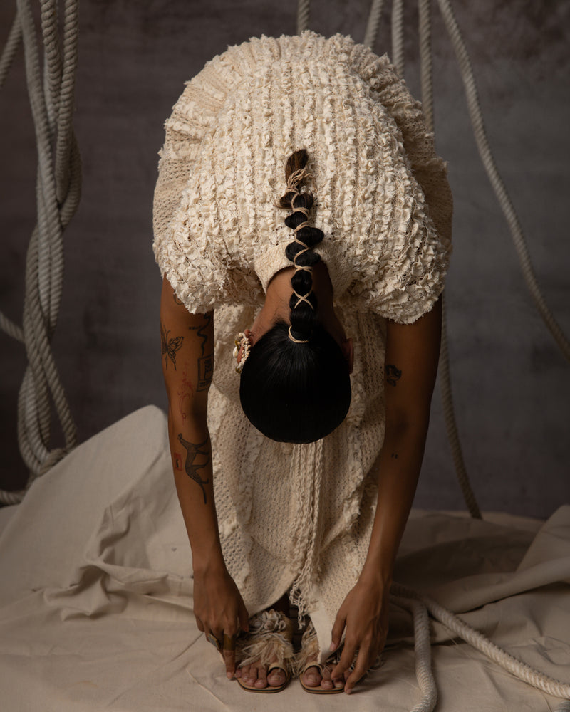 Ivory Lace Ruched Cotton Net Drawstring Dress signature cotton net dress by Kritika Murarka in ivory for women Worldwide