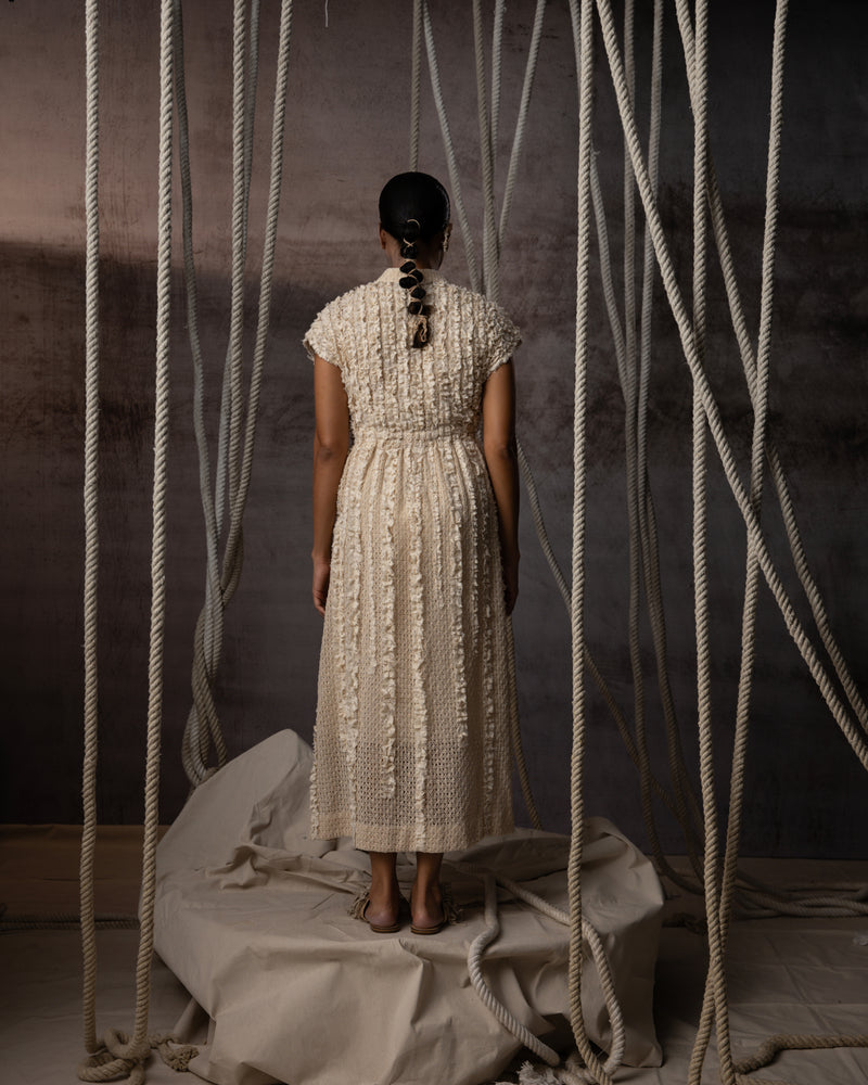 Ivory Lace Ruched Cotton Net Drawstring Dress signature cotton net dress by Kritika Murarka in ivory for women Worldwide