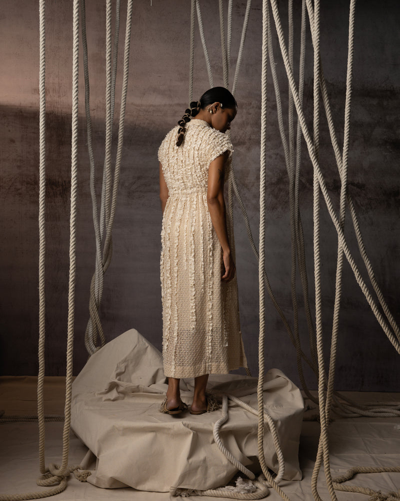 Ivory Lace Ruched Cotton Net Drawstring Dress signature cotton net dress by Kritika Murarka in ivory for women Worldwide