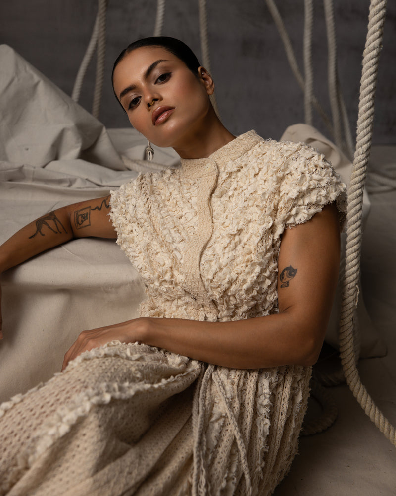 Ivory Lace Ruched Cotton Net Drawstring Dress signature cotton net dress by Kritika Murarka in ivory for women Worldwide