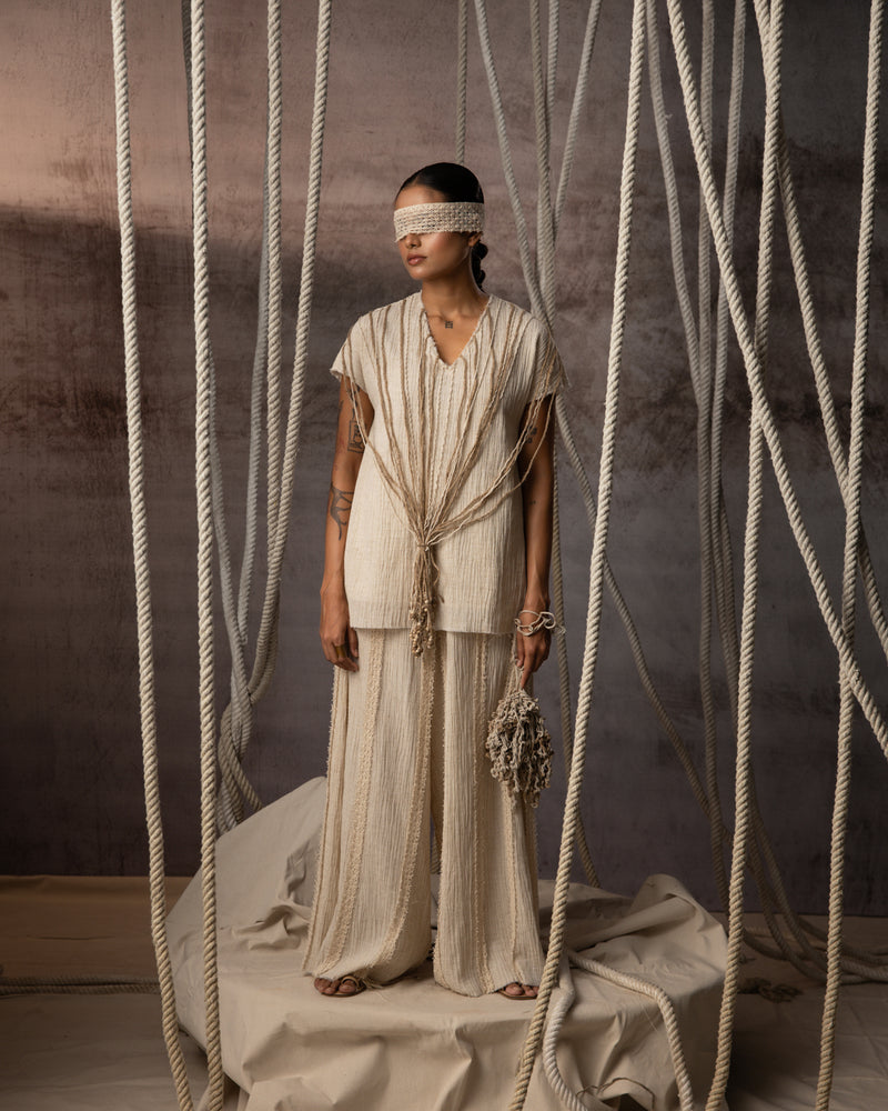 Ivory Crushed Cotton Net Trousers crushed cotton pant/trouser by Kritika Murarka in ivory for women Worldwide