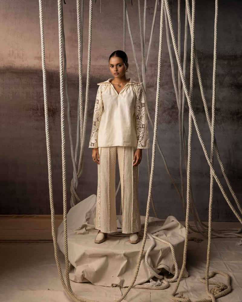 Ivory Khadi Silk Lace Hand Beaded Top khadi silk top/shirt by Kritika Murarka in ivory for women Worldwide