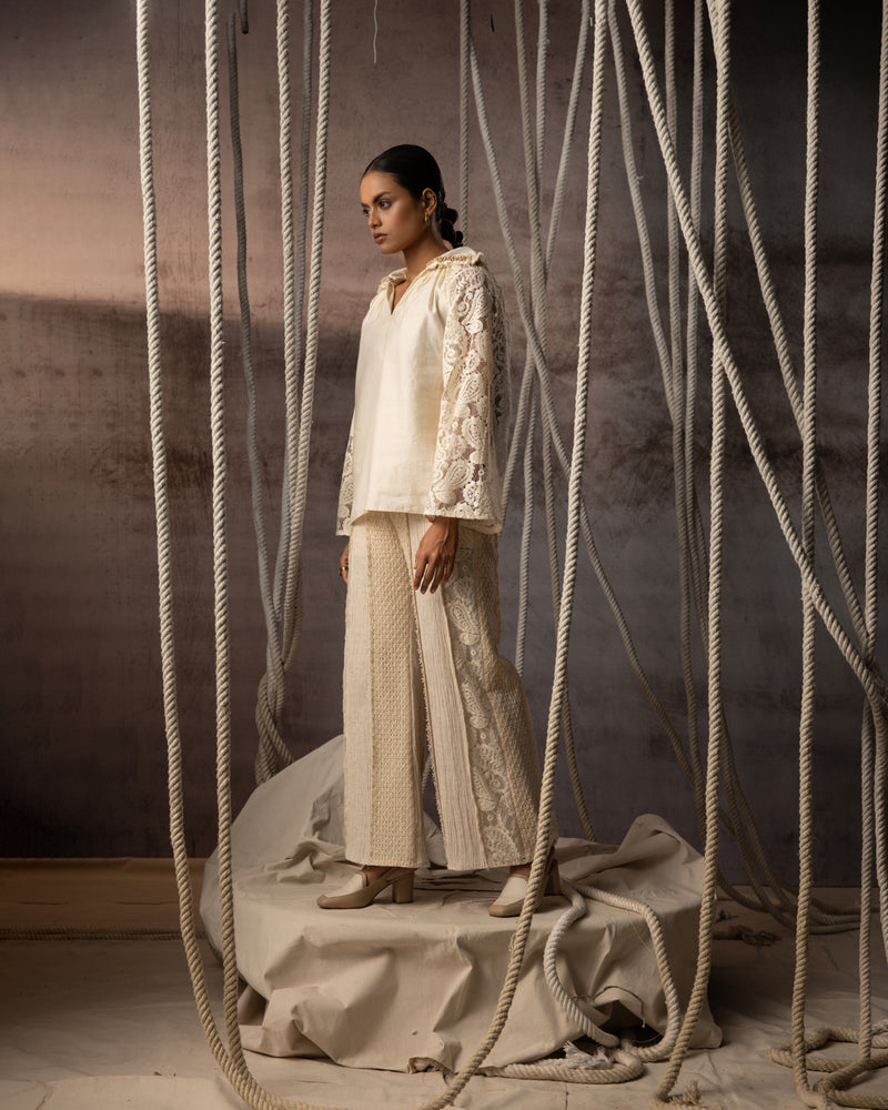 Ivory Khadi Silk Lace Hand Beaded Top khadi silk top/shirt by Kritika Murarka in ivory for women Worldwide