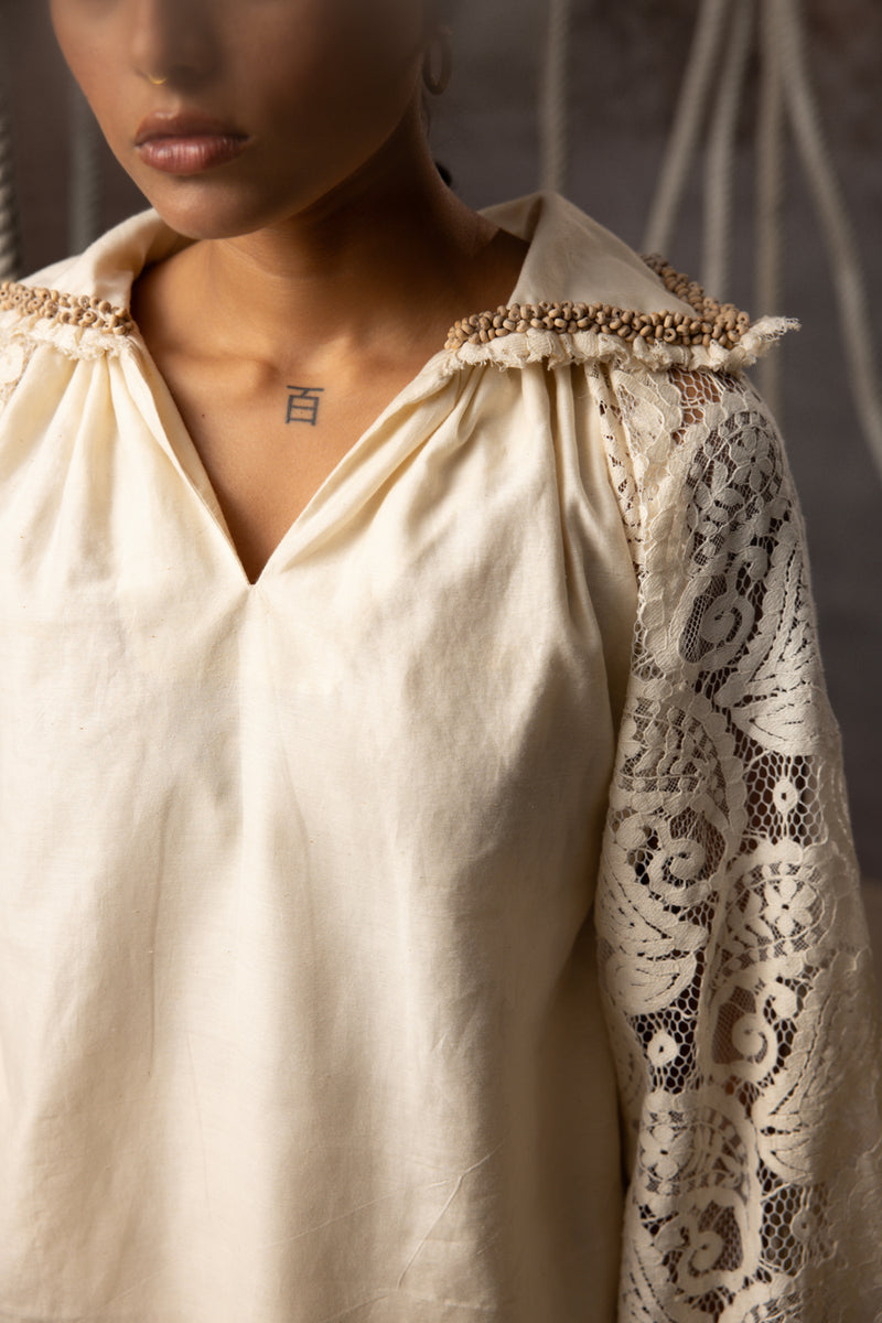 Ivory Panelled Trousers crushed cotton pant/trouser by Kritika Murarka in ivory for women Worldwide