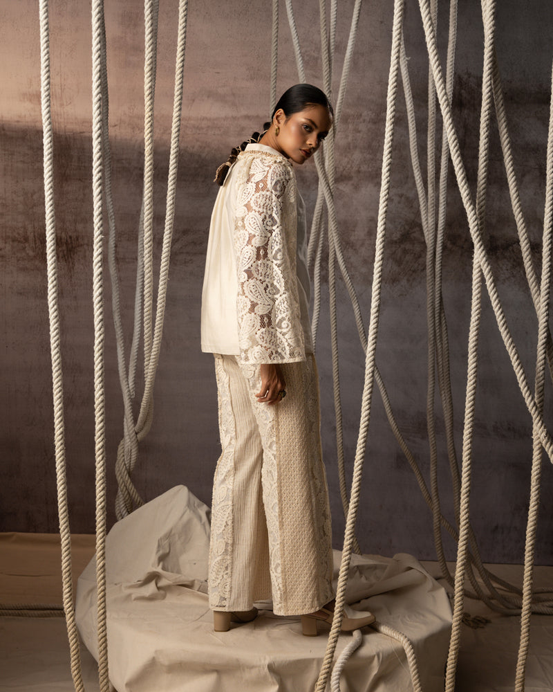 Ivory Panelled Trousers crushed cotton pant/trouser by Kritika Murarka in ivory for women Worldwide