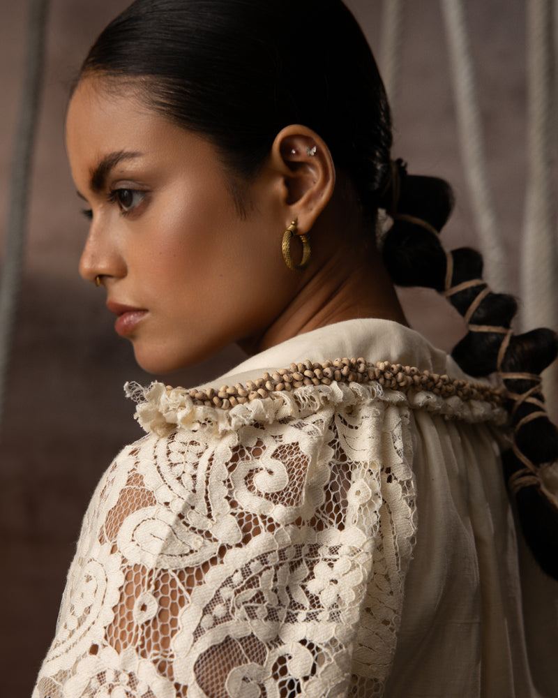 Ivory Khadi Silk Lace Hand Beaded Top khadi silk top/shirt by Kritika Murarka in ivory for women Worldwide