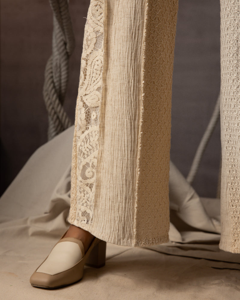 Ivory Panelled Trousers crushed cotton pant/trouser by Kritika Murarka in ivory for women Worldwide
