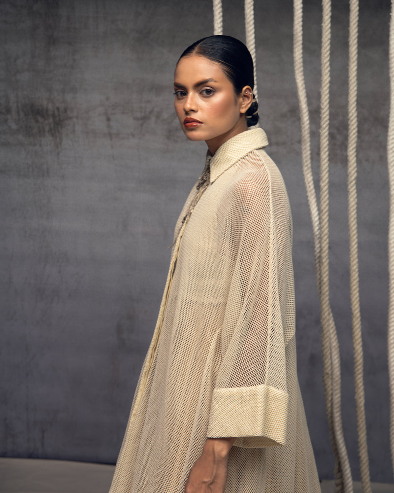 Ivory Open-Mesh Shirt Dress cotton open mesh top/shirt by Kritika Murarka in ivory for women Worldwide