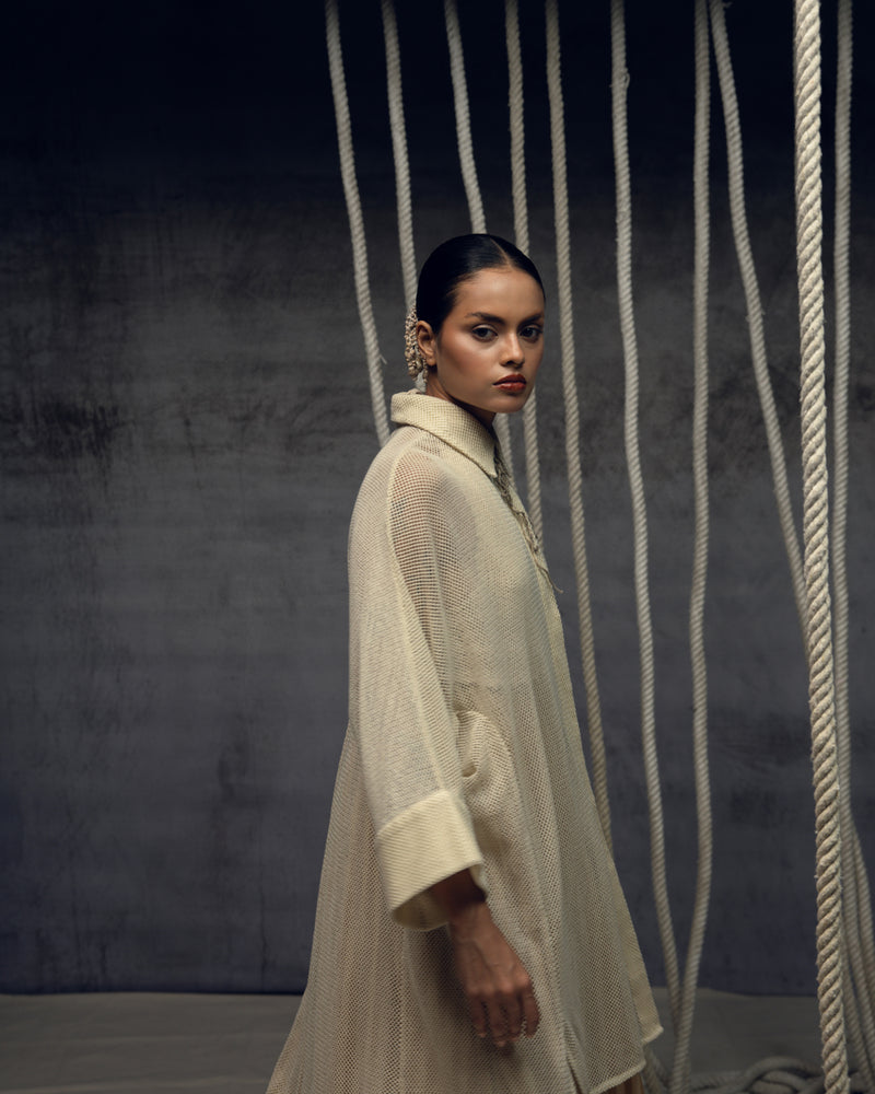 Ivory Open-Mesh Shirt Dress cotton open mesh top/shirt by Kritika Murarka in ivory for women Worldwide