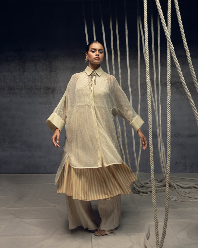 Ivory Open-Mesh Shirt Dress cotton open mesh top/shirt by Kritika Murarka in ivory for women Worldwide