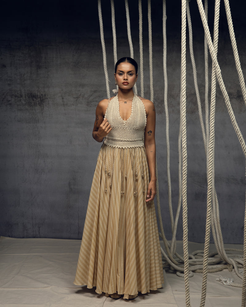 Ivory Crochet Bralette Striped Maxi hand crochet dress by Kritika Murarka in ivory for women Worldwide