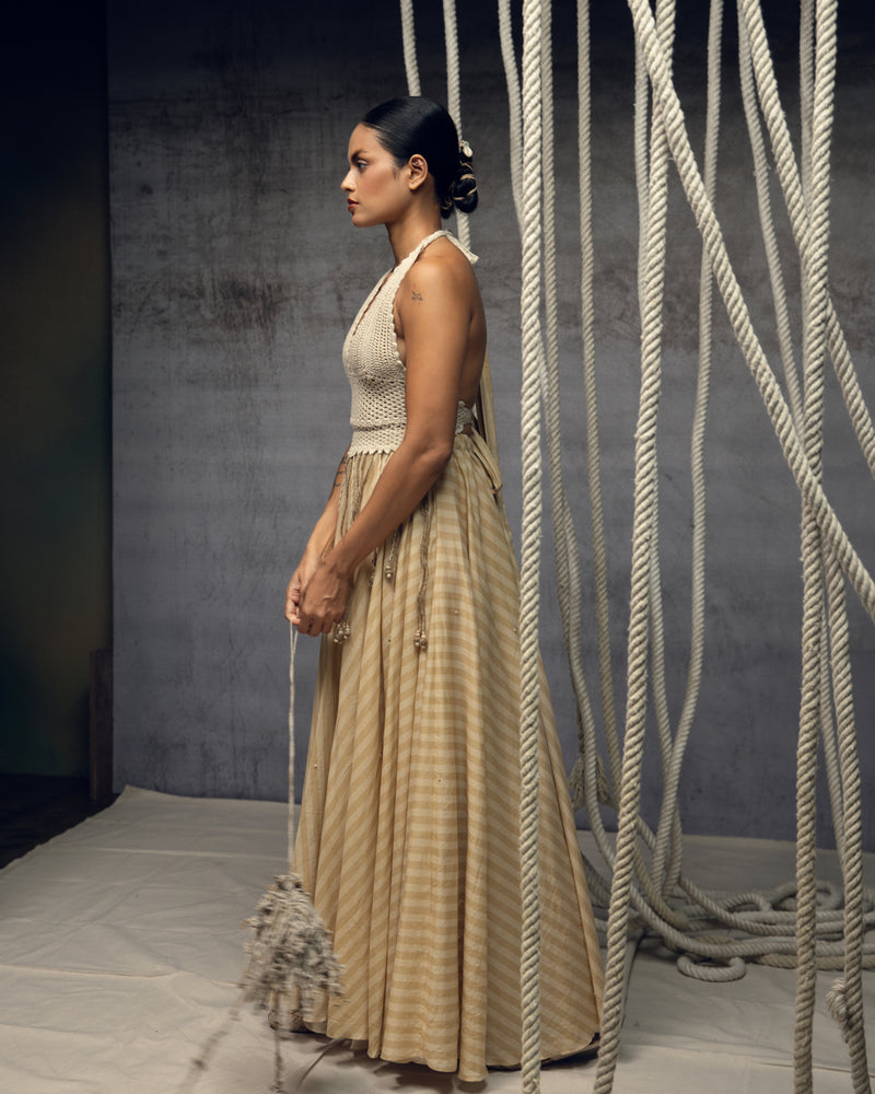 Ivory Crochet Bralette Striped Maxi hand crochet dress by Kritika Murarka in ivory for women Worldwide