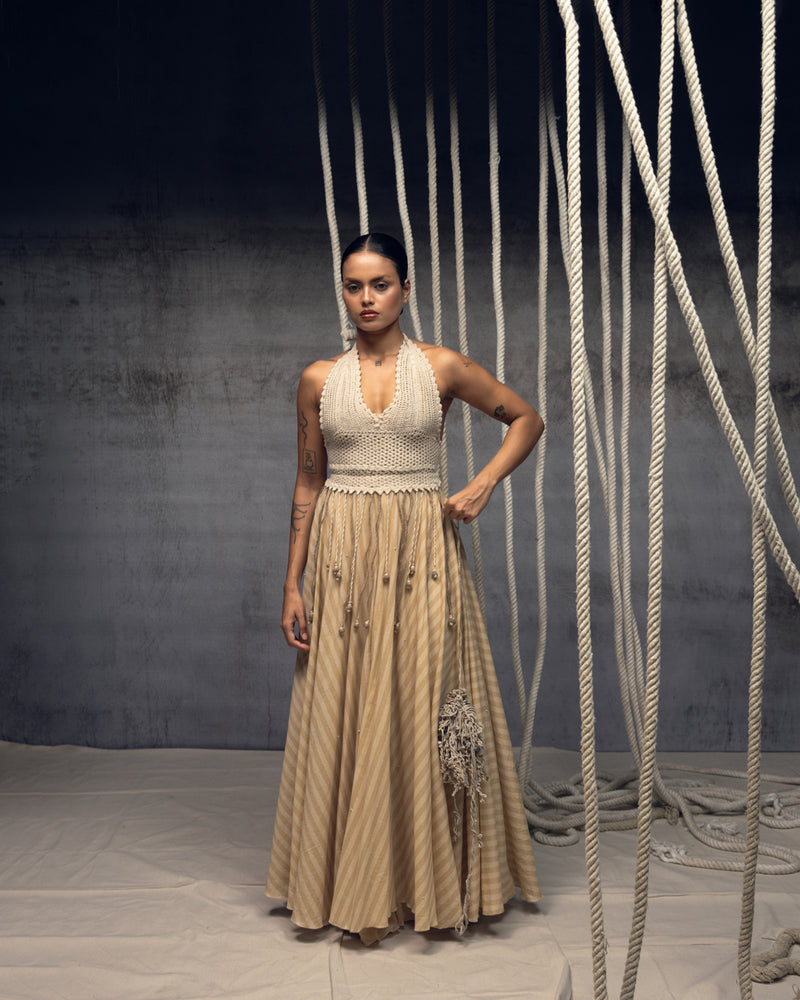 Ivory Crochet Bralette Striped Maxi hand crochet dress by Kritika Murarka in ivory for women Worldwide