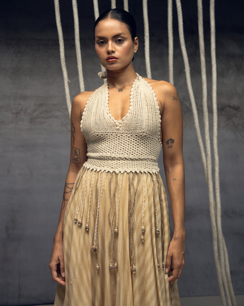 Ivory Crochet Bralette Striped Maxi hand crochet dress by Kritika Murarka in ivory for women Worldwide