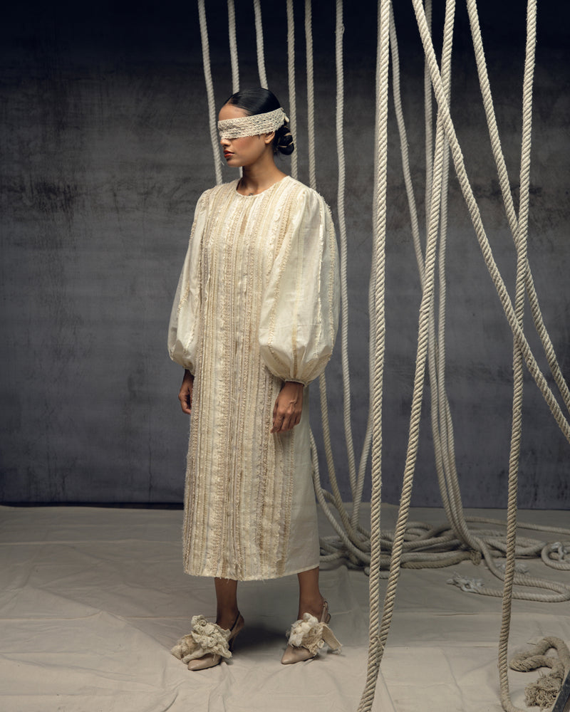 Ivory Khadi Silk Fringing Column Dress khadi silk dress by Kritika Murarka in ivory for women Worldwide