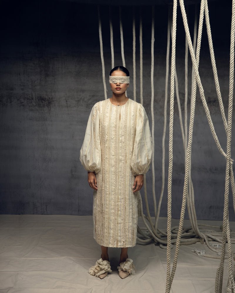 Ivory Khadi Silk Fringing Column Dress khadi silk dress by Kritika Murarka in ivory for women Worldwide