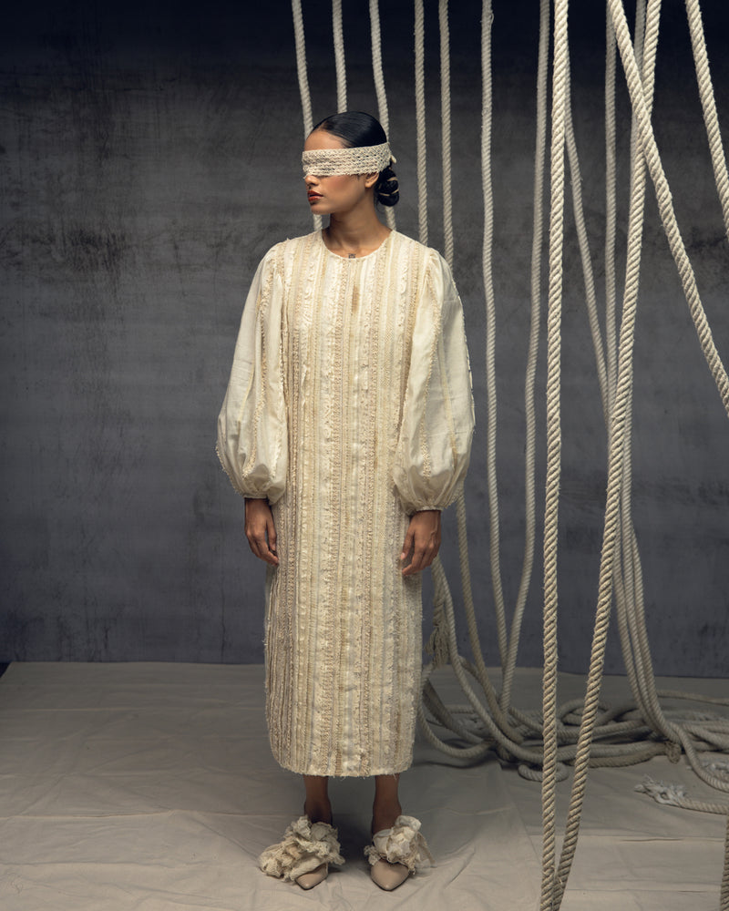 Ivory Khadi Silk Fringing Column Dress khadi silk dress by Kritika Murarka in ivory for women Worldwide